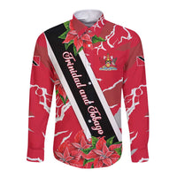 Trinidad and Tobago Red Poinsettia Long Sleeve Button Shirt with National Crest and Diagonal Flag Sash Design - Wonder Print Shop