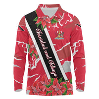 Trinidad and Tobago Red Poinsettia Long Sleeve Polo Shirt with National Crest and Diagonal Flag Sash Design - Wonder Print Shop