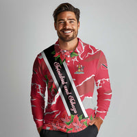 Trinidad and Tobago Red Poinsettia Long Sleeve Polo Shirt with National Crest and Diagonal Flag Sash Design - Wonder Print Shop