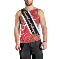 Trinidad and Tobago Red Poinsettia Men Tank Top with National Crest and Diagonal Flag Sash Design - Wonder Print Shop