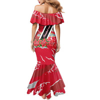 Trinidad and Tobago Red Poinsettia Mermaid Dress with National Crest and Diagonal Flag Sash Design - Wonder Print Shop