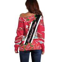 Trinidad and Tobago Red Poinsettia Off Shoulder Sweater with National Crest and Diagonal Flag Sash Design - Wonder Print Shop