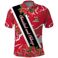 Trinidad and Tobago Red Poinsettia Polo Shirt with National Crest and Diagonal Flag Sash Design - Wonder Print Shop