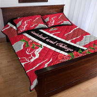 Trinidad and Tobago Red Poinsettia Quilt Bed Set with National Crest and Diagonal Flag Sash Design - Wonder Print Shop
