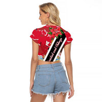 Trinidad and Tobago Red Poinsettia Raglan Cropped T Shirt with National Crest and Diagonal Flag Sash Design - Wonder Print Shop