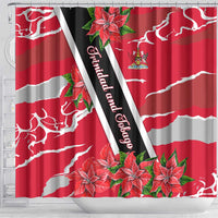Trinidad and Tobago Red Poinsettia Shower Curtain with National Crest and Diagonal Flag Sash Design - Wonder Print Shop