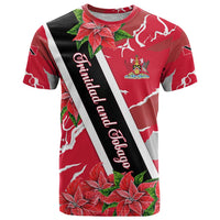 Trinidad and Tobago Red Poinsettia T Shirt with National Crest and Diagonal Flag Sash Design - Wonder Print Shop
