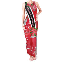 Trinidad and Tobago Red Poinsettia Tank Maxi Dress with National Crest and Diagonal Flag Sash Design - Wonder Print Shop