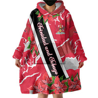 Trinidad and Tobago Red Poinsettia Wearable Blanket Hoodie with National Crest and Diagonal Flag Sash Design - Wonder Print Shop