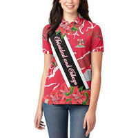 Trinidad and Tobago Red Poinsettia Women Polo Shirt with National Crest and Diagonal Flag Sash Design - Wonder Print Shop