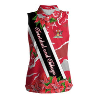 Trinidad and Tobago Red Poinsettia Women Sleeveless Polo Shirt with National Crest and Diagonal Flag Sash Design - Wonder Print Shop