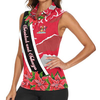Trinidad and Tobago Red Poinsettia Women Sleeveless Polo Shirt with National Crest and Diagonal Flag Sash Design - Wonder Print Shop