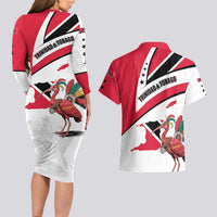 Trinidad and Tobago National Map Couples Matching Long Sleeve Bodycon Dress and Hawaiian Shirt with Scarlet Ibis and Coat of Arms on Red White Star Theme - Wonder Print Shop