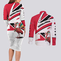 Trinidad and Tobago National Map Couples Matching Long Sleeve Bodycon Dress and Long Sleeve Button Shirt with Scarlet Ibis and Coat of Arms on Red White Star Theme - Wonder Print Shop