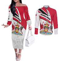 Trinidad and Tobago National Map Couples Matching Off The Shoulder Long Sleeve Dress and Long Sleeve Button Shirt with Scarlet Ibis and Coat of Arms on Red White Star Theme - Wonder Print Shop