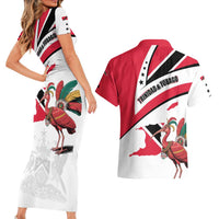 Trinidad and Tobago National Map Couples Matching Short Sleeve Bodycon Dress and Hawaiian Shirt with Scarlet Ibis and Coat of Arms on Red White Star Theme - Wonder Print Shop