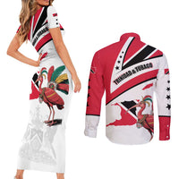 Trinidad and Tobago National Map Couples Matching Short Sleeve Bodycon Dress and Long Sleeve Button Shirt with Scarlet Ibis and Coat of Arms on Red White Star Theme - Wonder Print Shop