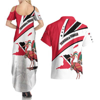 Trinidad and Tobago National Map Couples Matching Summer Maxi Dress and Hawaiian Shirt with Scarlet Ibis and Coat of Arms on Red White Star Theme - Wonder Print Shop