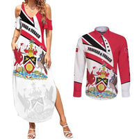 Trinidad and Tobago National Map Couples Matching Summer Maxi Dress and Long Sleeve Button Shirt with Scarlet Ibis and Coat of Arms on Red White Star Theme - Wonder Print Shop