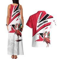 Trinidad and Tobago National Map Couples Matching Tank Maxi Dress and Hawaiian Shirt with Scarlet Ibis and Coat of Arms on Red White Star Theme - Wonder Print Shop