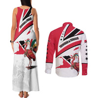 Trinidad and Tobago National Map Couples Matching Tank Maxi Dress and Long Sleeve Button Shirt with Scarlet Ibis and Coat of Arms on Red White Star Theme - Wonder Print Shop