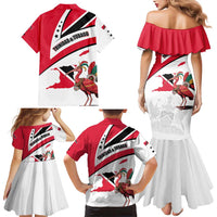 Trinidad and Tobago National Map Family Matching Mermaid Dress and Hawaiian Shirt with Scarlet Ibis and Coat of Arms on Red White Star Theme - Wonder Print Shop