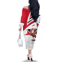 Trinidad and Tobago National Map Family Matching Off The Shoulder Long Sleeve Dress and Hawaiian Shirt with Scarlet Ibis and Coat of Arms on Red White Star Theme - Wonder Print Shop