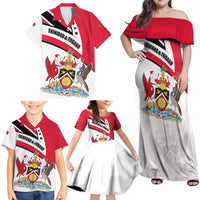 Trinidad and Tobago National Map Family Matching Off Shoulder Maxi Dress and Hawaiian Shirt with Scarlet Ibis and Coat of Arms on Red White Star Theme - Wonder Print Shop