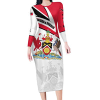 Trinidad and Tobago National Map Long Sleeve Bodycon Dress with Scarlet Ibis and Coat of Arms on Red White Star Theme - Wonder Print Shop