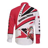 Trinidad and Tobago National Map Long Sleeve Button Shirt with Scarlet Ibis and Coat of Arms on Red White Star Theme - Wonder Print Shop