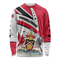 Trinidad and Tobago National Map Long Sleeve Shirt with Scarlet Ibis and Coat of Arms on Red White Star Theme - Wonder Print Shop