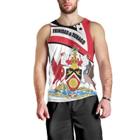 Trinidad and Tobago National Map Men Tank Top with Scarlet Ibis and Coat of Arms on Red White Star Theme - Wonder Print Shop