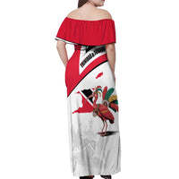 Trinidad and Tobago National Map Off Shoulder Maxi Dress with Scarlet Ibis and Coat of Arms on Red White Star Theme - Wonder Print Shop