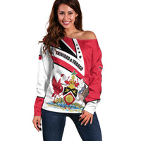 Trinidad and Tobago National Map Off Shoulder Sweater with Scarlet Ibis and Coat of Arms on Red White Star Theme - Wonder Print Shop