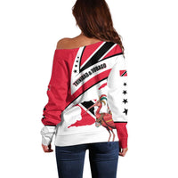 Trinidad and Tobago National Map Off Shoulder Sweater with Scarlet Ibis and Coat of Arms on Red White Star Theme - Wonder Print Shop