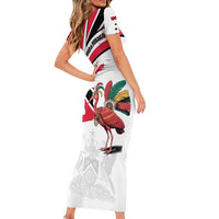 Trinidad and Tobago National Map Short Sleeve Bodycon Dress with Scarlet Ibis and Coat of Arms on Red White Star Theme - Wonder Print Shop