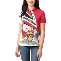 Trinidad and Tobago National Map Women Polo Shirt with Scarlet Ibis and Coat of Arms on Red White Star Theme - Wonder Print Shop