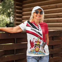 Trinidad and Tobago National Map Women Polo Shirt with Scarlet Ibis and Coat of Arms on Red White Star Theme - Wonder Print Shop
