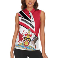 Trinidad and Tobago National Map Women Sleeveless Polo Shirt with Scarlet Ibis and Coat of Arms on Red White Star Theme - Wonder Print Shop