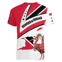 Trinidad and Tobago National Map Women V-Neck T-Shirt with Scarlet Ibis and Coat of Arms on Red White Star Theme - Wonder Print Shop