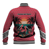 Trinidad and Tobago Flamingos Sunset Baseball Jacket with Tribal Masks and Red Star Pattern - Wonder Print Shop