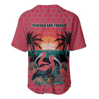 Trinidad and Tobago Flamingos Sunset Baseball Jersey with Tribal Masks and Red Star Pattern - Wonder Print Shop