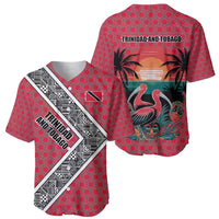 Trinidad and Tobago Flamingos Sunset Baseball Jersey with Tribal Masks and Red Star Pattern - Wonder Print Shop