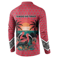 Trinidad and Tobago Flamingos Sunset Button Sweatshirt with Tribal Masks and Red Star Pattern - Wonder Print Shop
