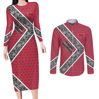Trinidad and Tobago Flamingos Sunset Couples Matching Long Sleeve Bodycon Dress and Long Sleeve Button Shirt with Tribal Masks and Red Star Pattern - Wonder Print Shop