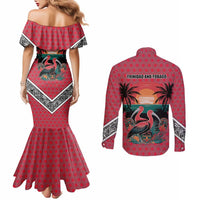 Trinidad and Tobago Flamingos Sunset Couples Matching Mermaid Dress and Long Sleeve Button Shirt with Tribal Masks and Red Star Pattern - Wonder Print Shop