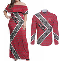 Trinidad and Tobago Flamingos Sunset Couples Matching Off Shoulder Maxi Dress and Long Sleeve Button Shirt with Tribal Masks and Red Star Pattern - Wonder Print Shop
