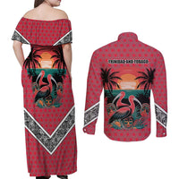Trinidad and Tobago Flamingos Sunset Couples Matching Off Shoulder Maxi Dress and Long Sleeve Button Shirt with Tribal Masks and Red Star Pattern - Wonder Print Shop