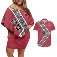 Trinidad and Tobago Flamingos Sunset Couples Matching Off Shoulder Short Dress and Hawaiian Shirt with Tribal Masks and Red Star Pattern - Wonder Print Shop