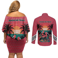 Trinidad and Tobago Flamingos Sunset Couples Matching Off Shoulder Short Dress and Long Sleeve Button Shirt with Tribal Masks and Red Star Pattern - Wonder Print Shop